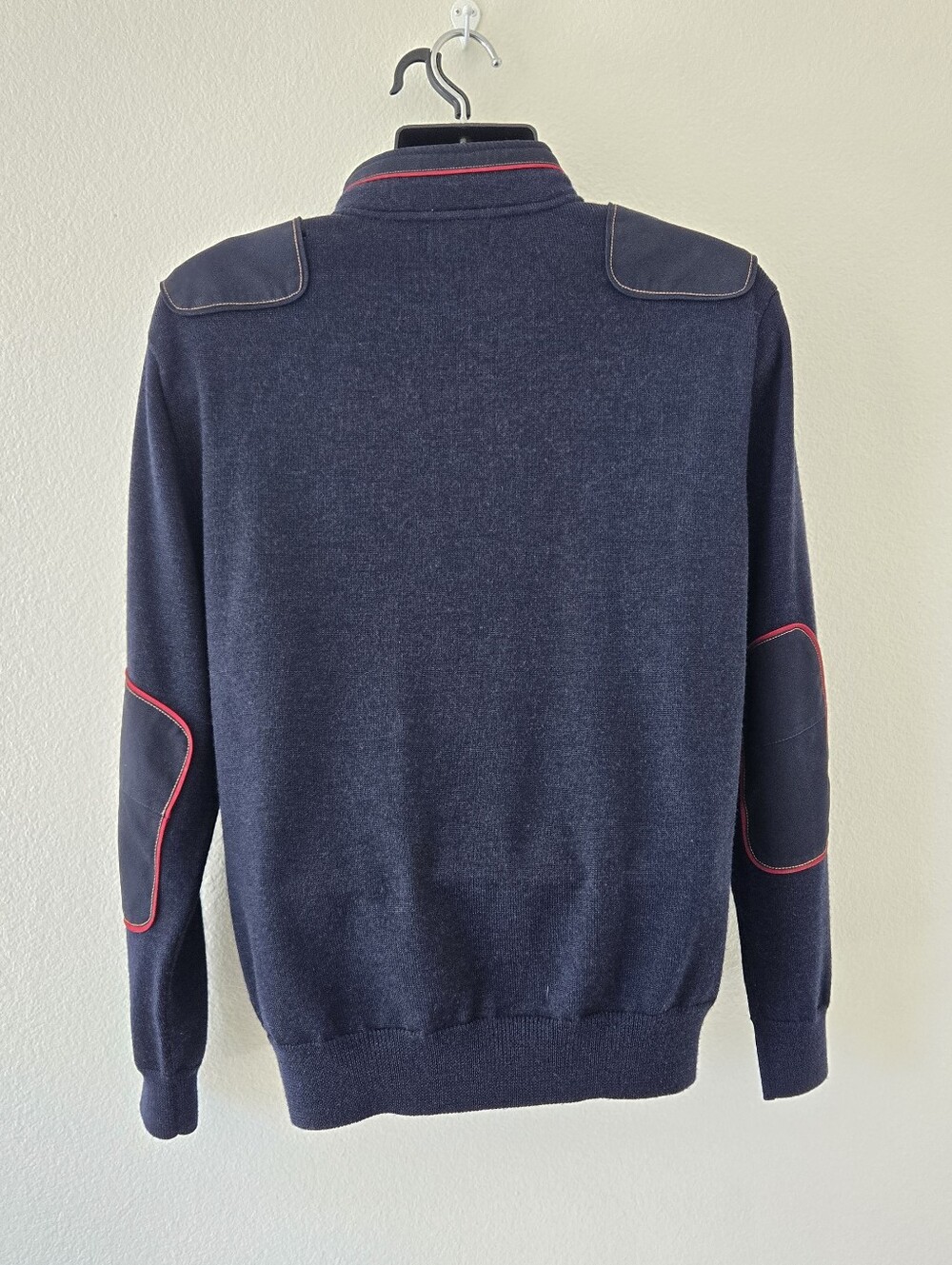 Orvis Mens Medium Navy Blue Wool 1/4‎ Zip Sweater Elbow Patch Shoulder Pullover - Picture 7 of 15